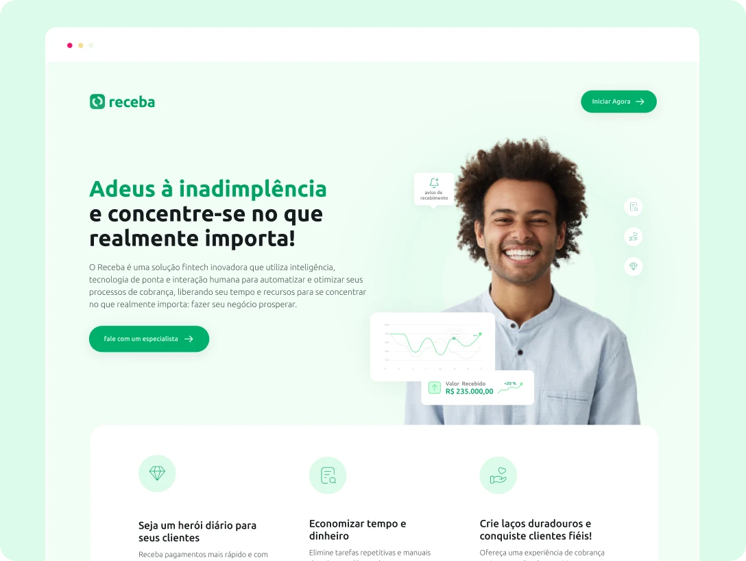 Capa do projeto: Landing page Receba, simples e visualmente atraente